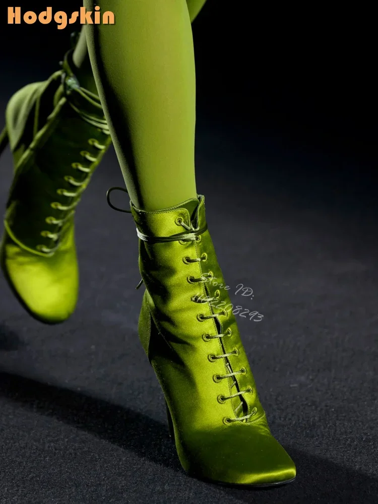 

Silk Cross-tied Ankle Boots Square Toe Thin High Heels Lace-up Modern Boots Women New Side Zipper Shoes Fashion 2025 Autumn