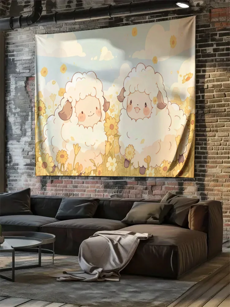 "Cute Cartoon Lamb Tapestry - Warm and Playful Children's Bedroom Decorative Hanging Rug"