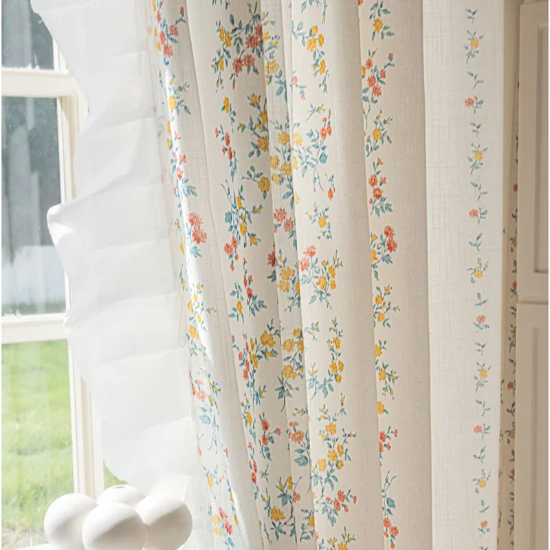 Small Fresh White Ruffles Semi Transparent Curtains for Bedchamber Pastoral Vertical Striped Floral Cotton Print Window Drape