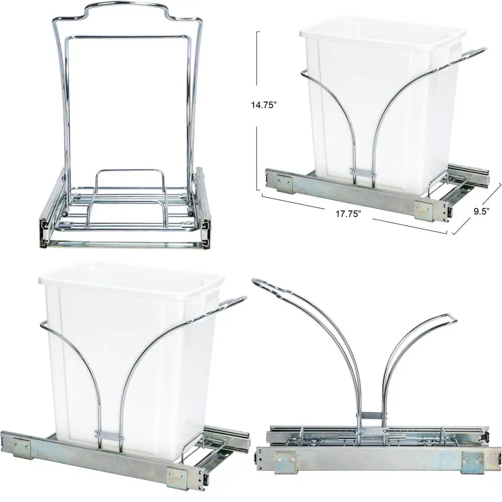 

Chrome Steel Under Cabinet Pull-Out Trash Can, 5 Gallon, White & Chrome