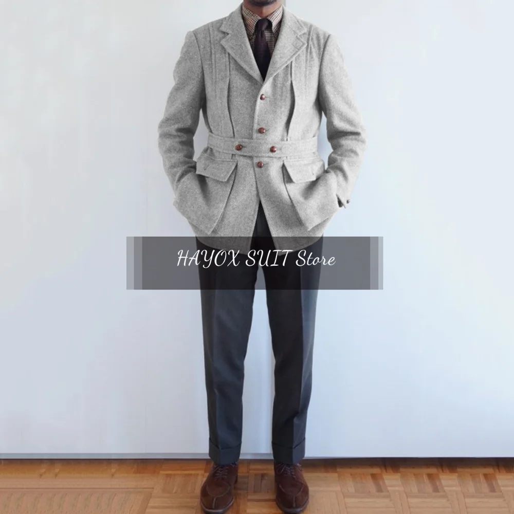 Wool Suit Man Casual Commuting Autumn and Winter Men's Clothing Men's Blazer Slim Fashion Design Belt Woolen Fabric Costume