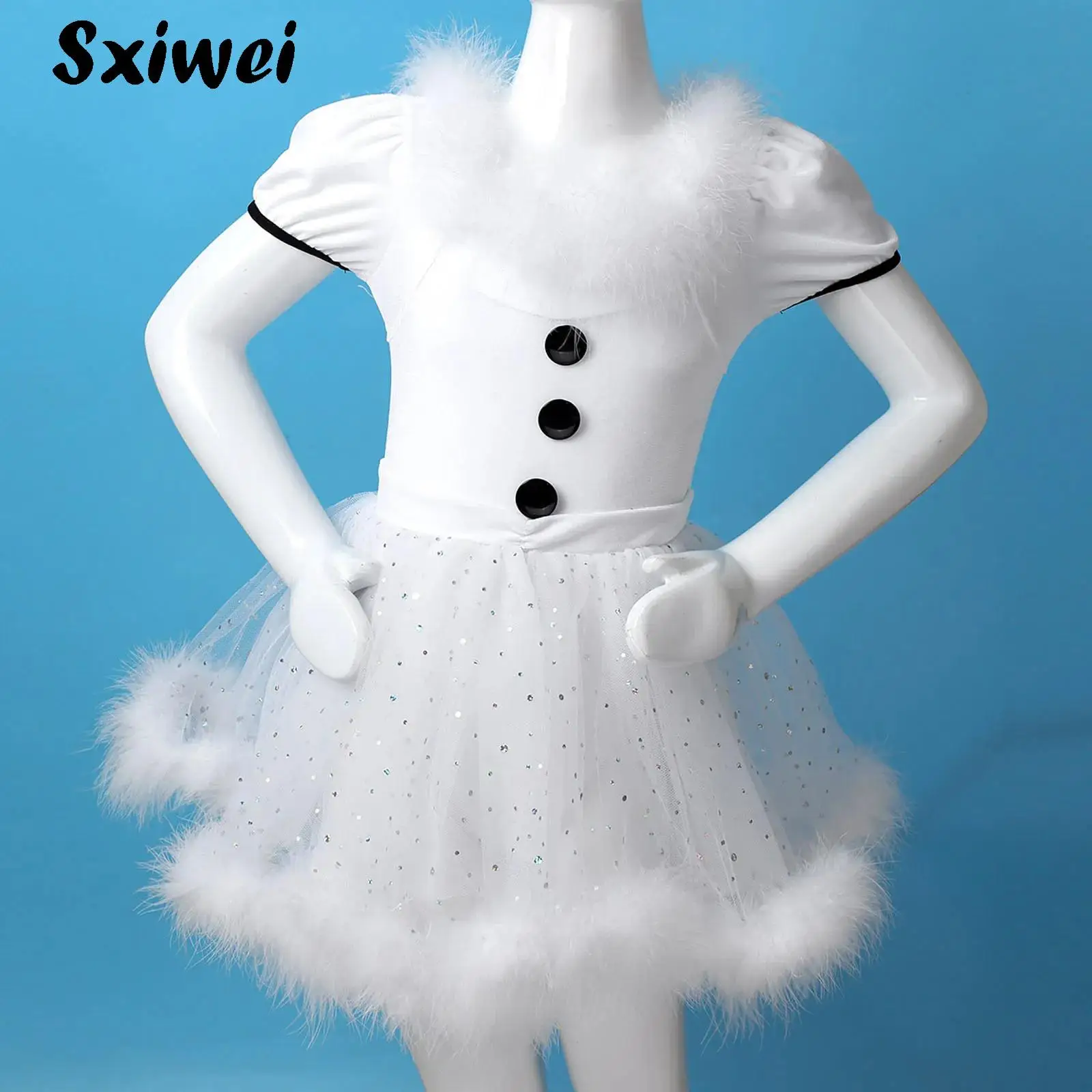 Kids Girls Snowman Christmas Dance Costume Faux Fur Sequined Mesh Leotard Ballet Tutu Dress Figure Ice Skating Twirling Dress