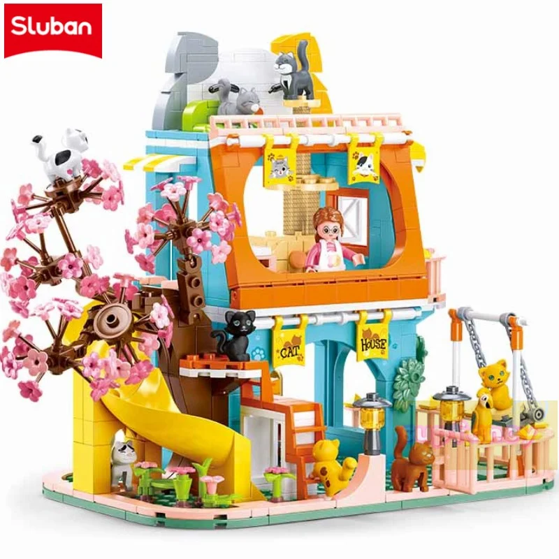 

Конструктор Sluban для девочек: Отель для кошек, вилла с сакурой, милый домик для питомцев. Развивающая игрушка-конструктор DIY для детей, подарок на день рождения.
