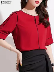 ZANZEA Retro Korean Party Blusa Tunic Women Vintage Blouse 2024 Summer Patchwork Half Sleeve Tops Elegant Female Office Shirt