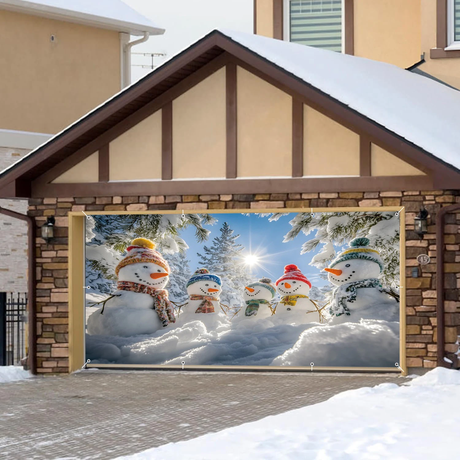 Winter Snowman Garage Door Background Forest Snow Scene Christmas Decoration Large Outdoor Courtyard Garage Door Hanging Banner