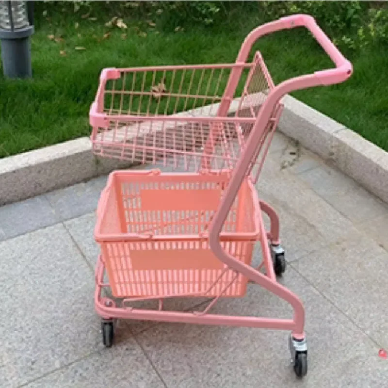 Heavy Duty Steel Folding Shopping Cart with Double Baskets 4 Inch PU Wheels Lightweight Portable Platform Trolley for