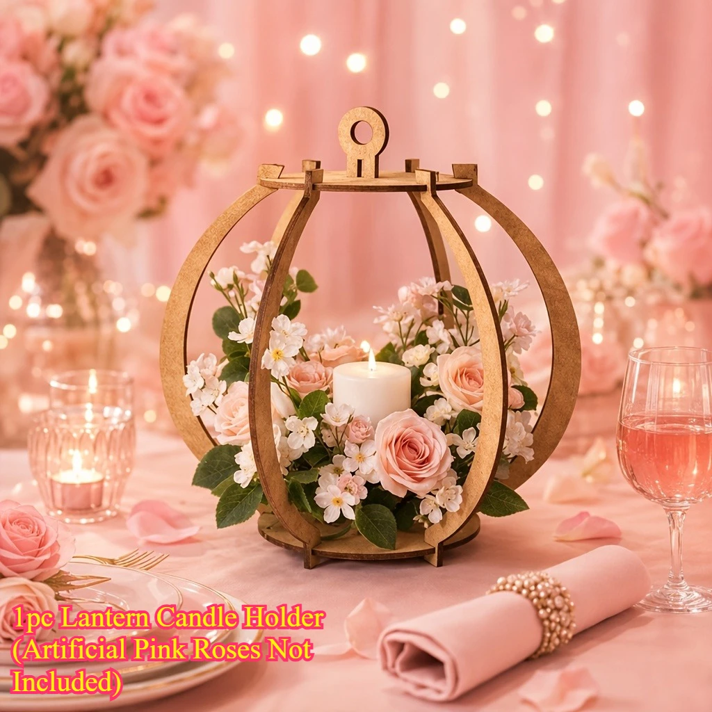 1 Pc Vintage Laser Cut Wooden Lantern Candle Holder (Artificial Flowers Not Included) | Wedding Bridal Room Dining Table Living