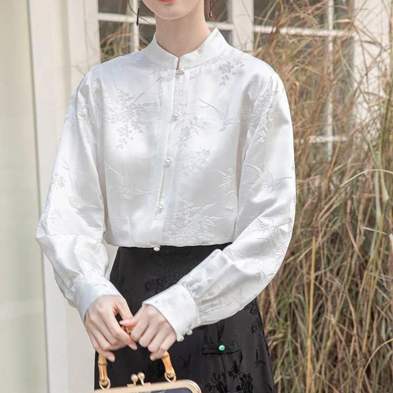 QOERLIN Spring Fall Chinese Style Silk White Shirt Women Stand Collar Long Sleeve Slim-Fit Casual Top Shirt Sleeve Blouse Female