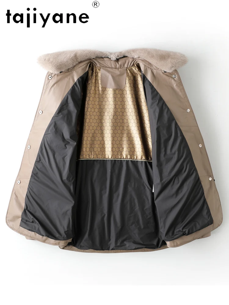 เสื้อแจ็คเก็ตขนเป็ดขาวแท้ 100% หนังแกะชั้นดี แบรนด์ TAJIYANE สำหรับผู้หญิง แจ็คเก็ตหนังแท้ทรงสั้น แต่งขนมิงค์ที่คอ ฤดูหนาว 2025