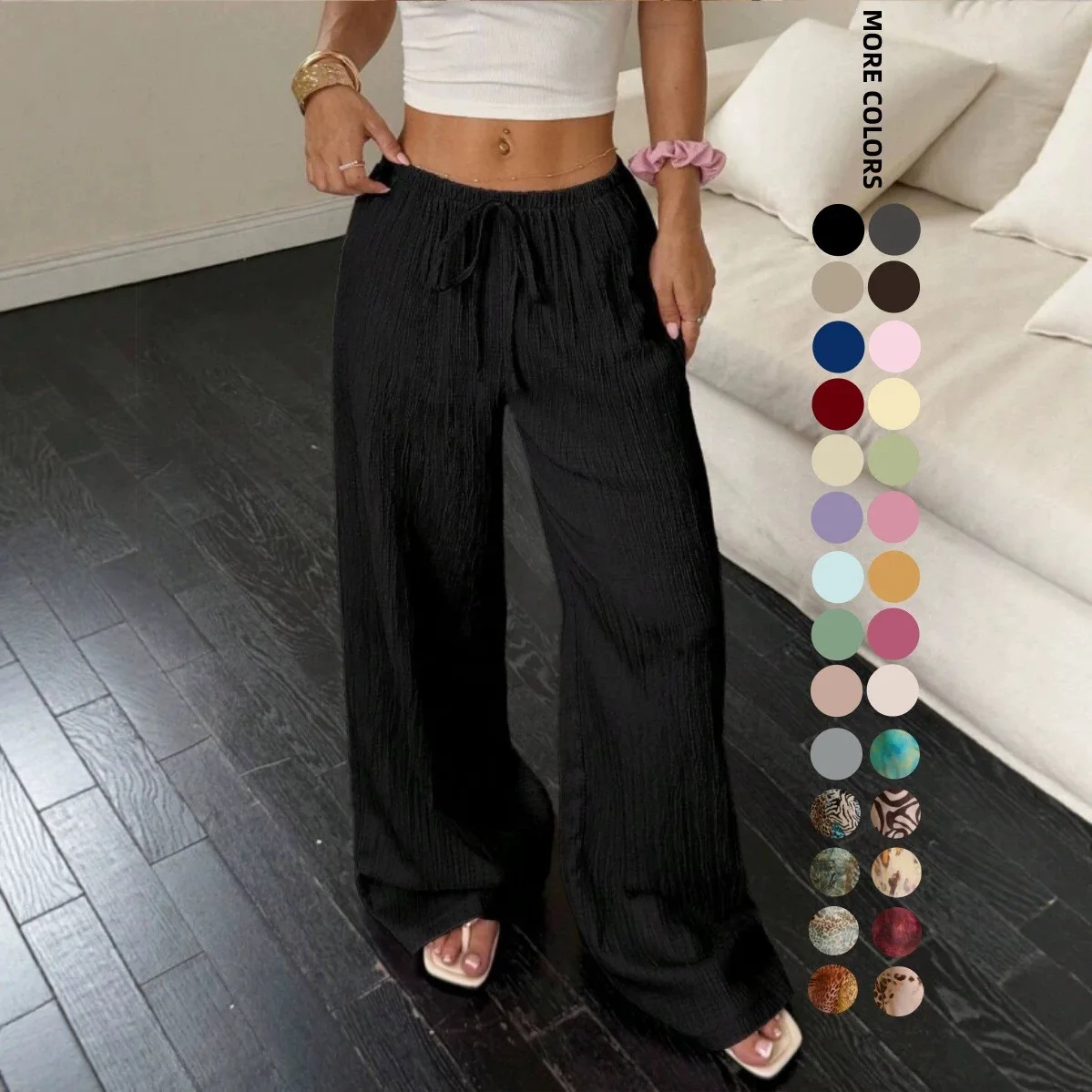 Women Crinkle Textured Low Rise Wide Leg Pants Elastic Drawstring Waist with Pockets Loose Casual Summer Trousers