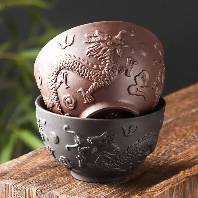 1pc Hand-carved Purple Clay Tea Cups Dragon Design Tea Bowl Portable Master Cup Personal Single Cup Traditional Tea Accessories