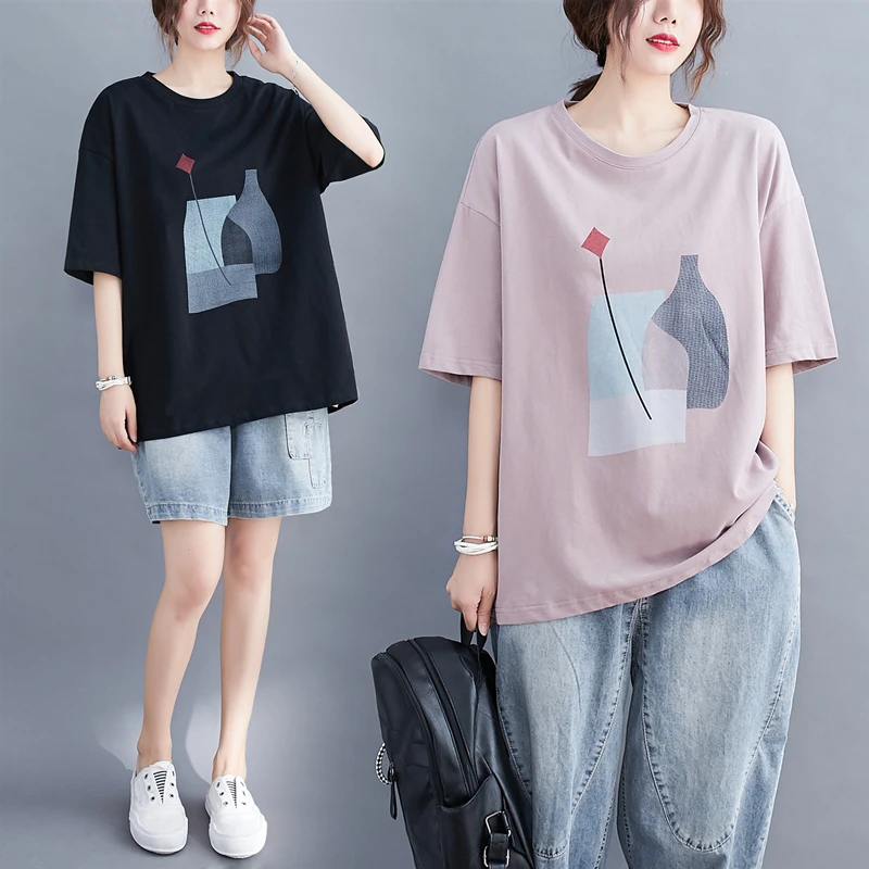 

Loose Summer plus Size Women's Printed ort Sve T-irt Belly Covering Versatile Fat MM Slimming Top round Ne Commute S...