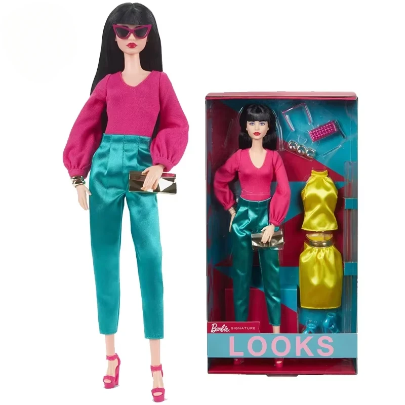Original Barbie firma parece muñeca mezcla y combina accesorios de ropa traje labios rojos y pelo negro 1/6 niñas juguetes Fashionistas