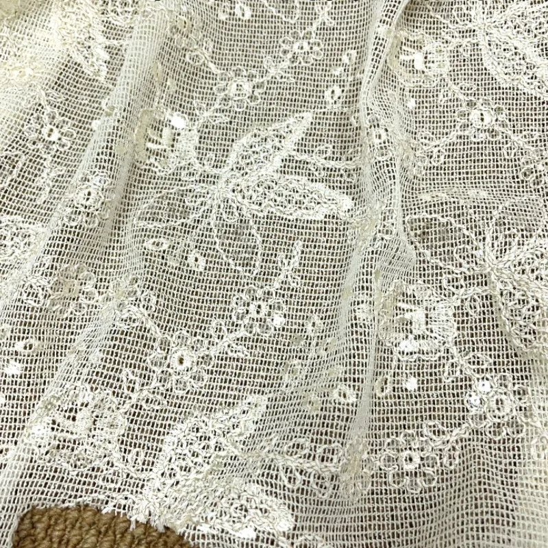 

Beige Hollowed Out Butterfly Flower Sequin Embroidered Mesh Fabric Delicate Thin Semi Transparent Top Shawl Clothing DIY Fabric