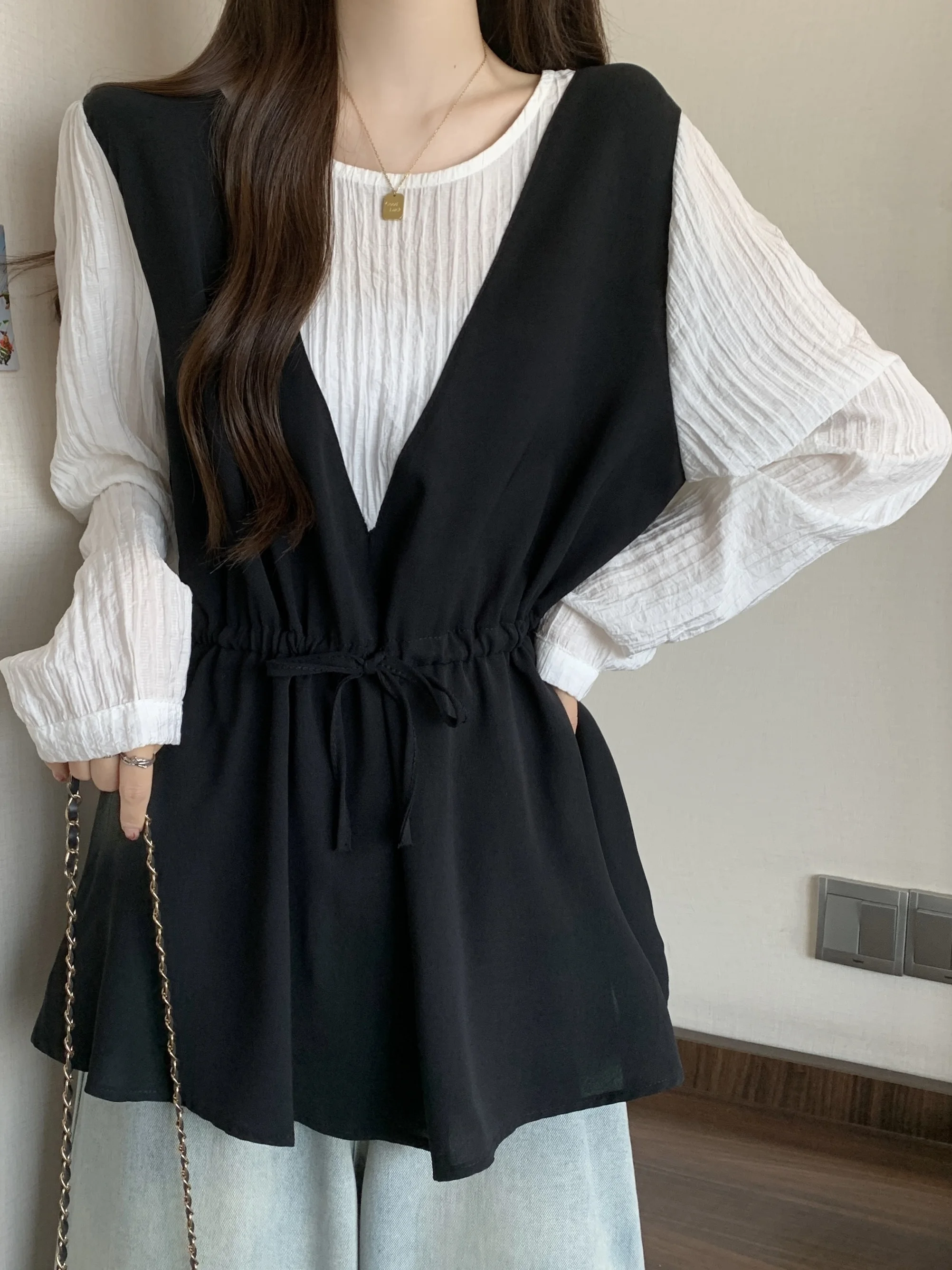 Slimming V-Ne Long Sve irt Women's plus Size Casual Sle Patchwork Top Belly Covering Waist-Cinching Autumn Faion