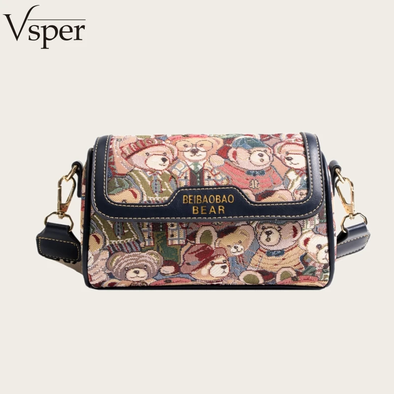 

Vsper Branded Crossbody Bags For Women Cartoon Bear Embroidered Cotton Fabric Shoulder Satchel Bag 2026 Latest Designer Handbags