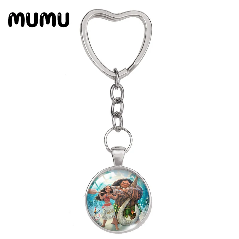 2024 New Moana Heart Keyring Princess Keychain Glass Dome Cabochon Jewelry Gifts Children