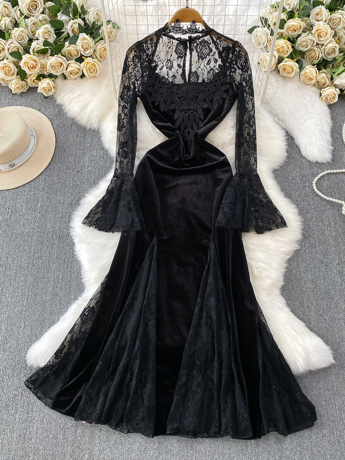 Ele veludo renda redonda ne bell sve longo dr feminino cintura alta a linha fi cauda vestido sofisticado sensação dr