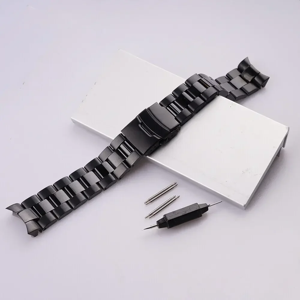 Rolamy 22mm Solid Curved End Links All Black 316L Steel Watch Band Bracelet For SKX 007