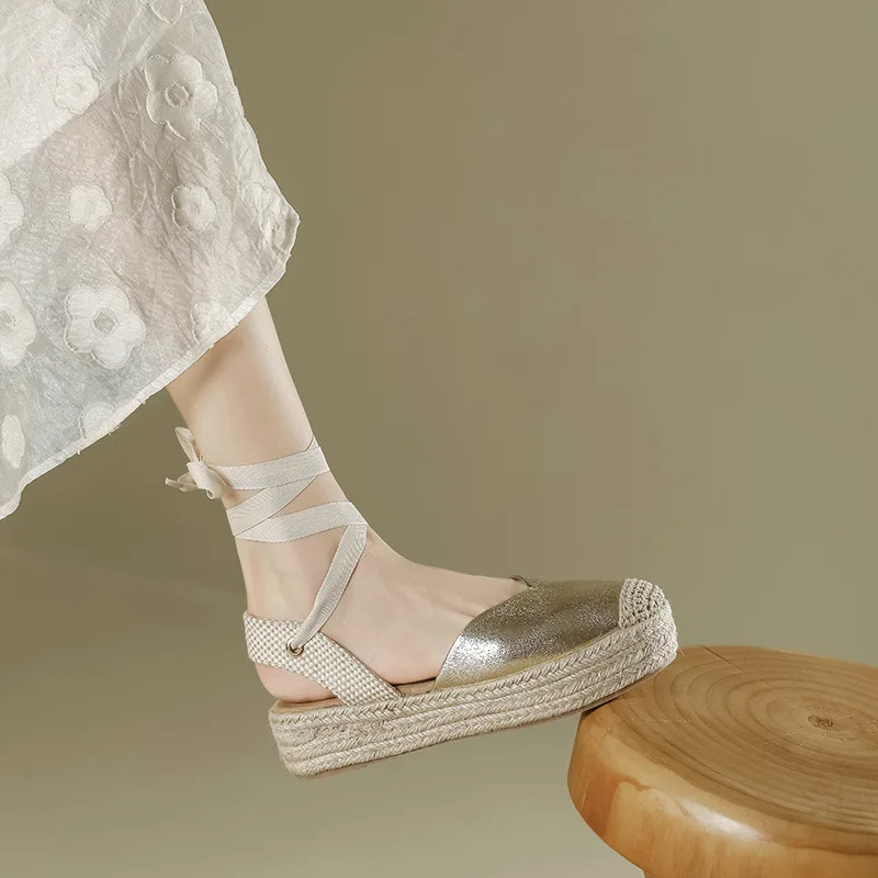 Large Size High Heel Sandal for Women Big High-heeled Hemp Fabric Rubber PU Slides Hoof High Heel Sandal for Women Large Size H