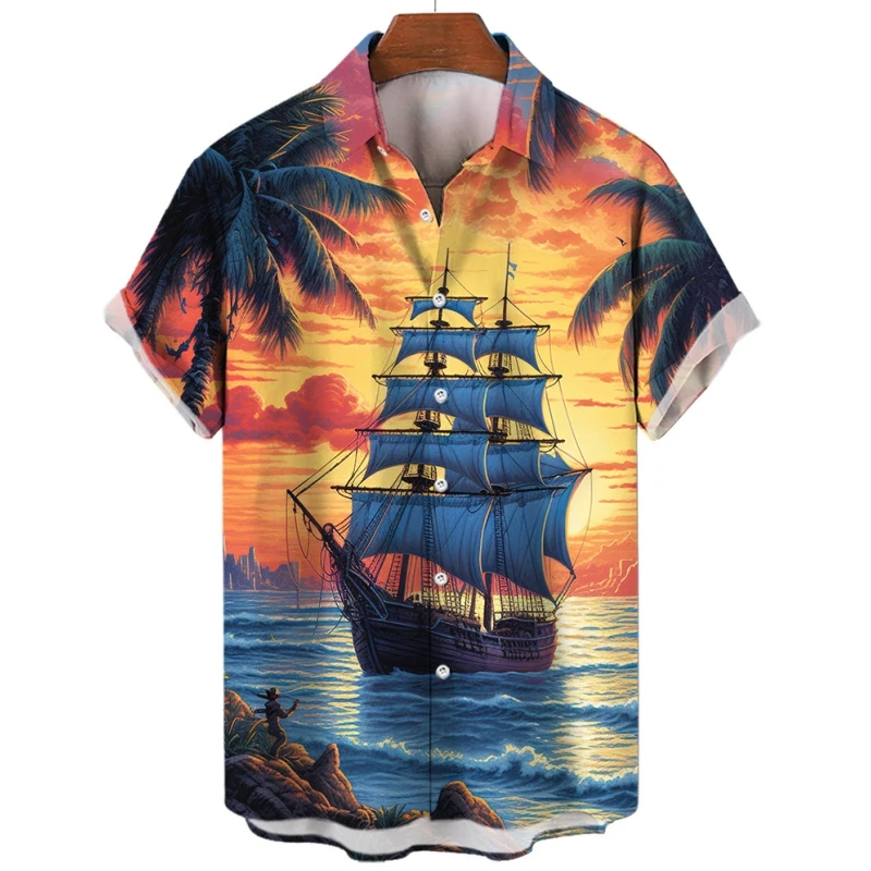 Hawaiiaans Heren Overhemd Met Losse Print Zeilboot Met Korte Mouwen En Grafisch T-Shirt Met Revers En Knoop Strandfeestkleding Oversized Heren Top