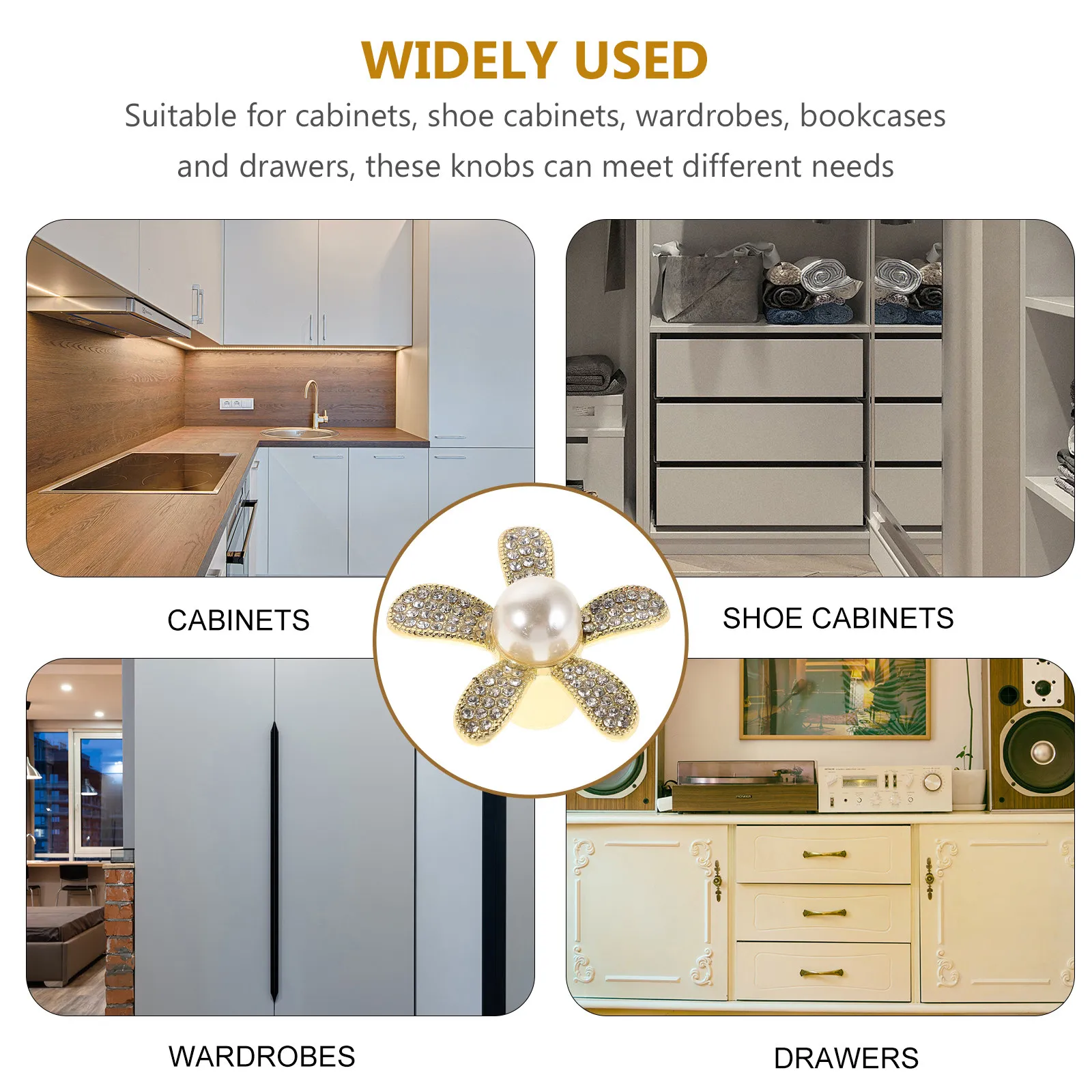 4Pcs Cabinet Handles Golden Flower Rhinestone Drawer Pulls American Style Single Hole for Dressers Closets Kitchen