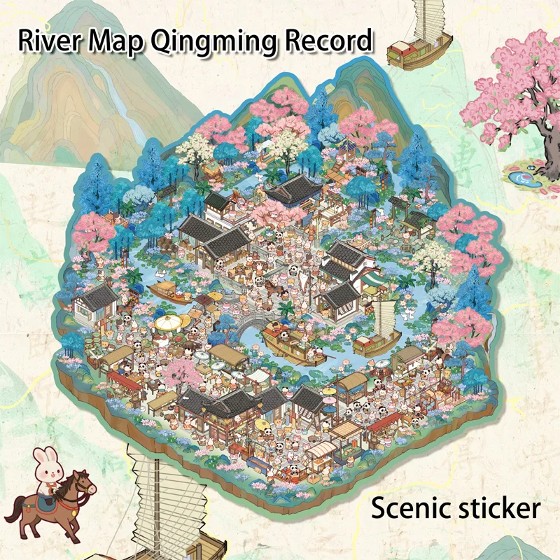 

Очень большие декоративные наклейки с пейзажем Цинмин в китайском стиле, креативные наклейки для снятия стресса, наклейки для миниатюрного планировщика сцены
