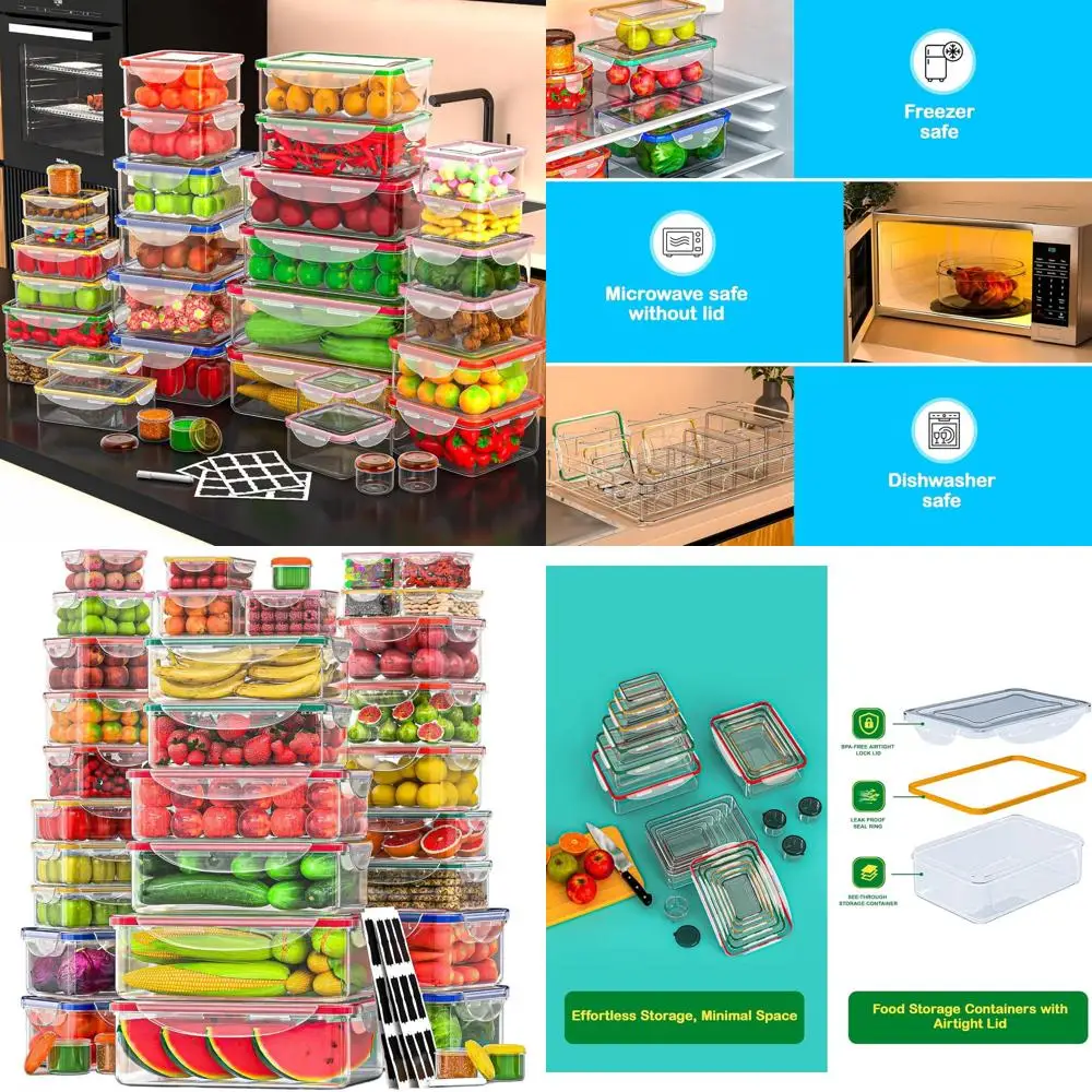 

Набор из 70 герметичных контейнеров для хранения продуктов (от больших до маленьких), общий объем 22812 мл, без бисфенола-А, штабелируемые, пригодные для использования в микроволновой печи