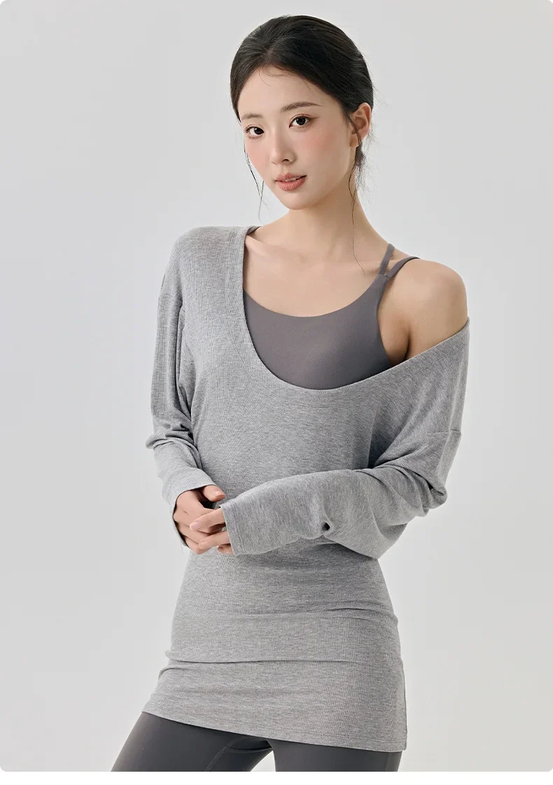 Lockere Fitness-Bluse mit großem U-Ausschnitt, sexy Trainingsjacke, langer Stil, der das Gesäß und unangenehme Linien bedeckt, weich für Frauen. – Detail 9
