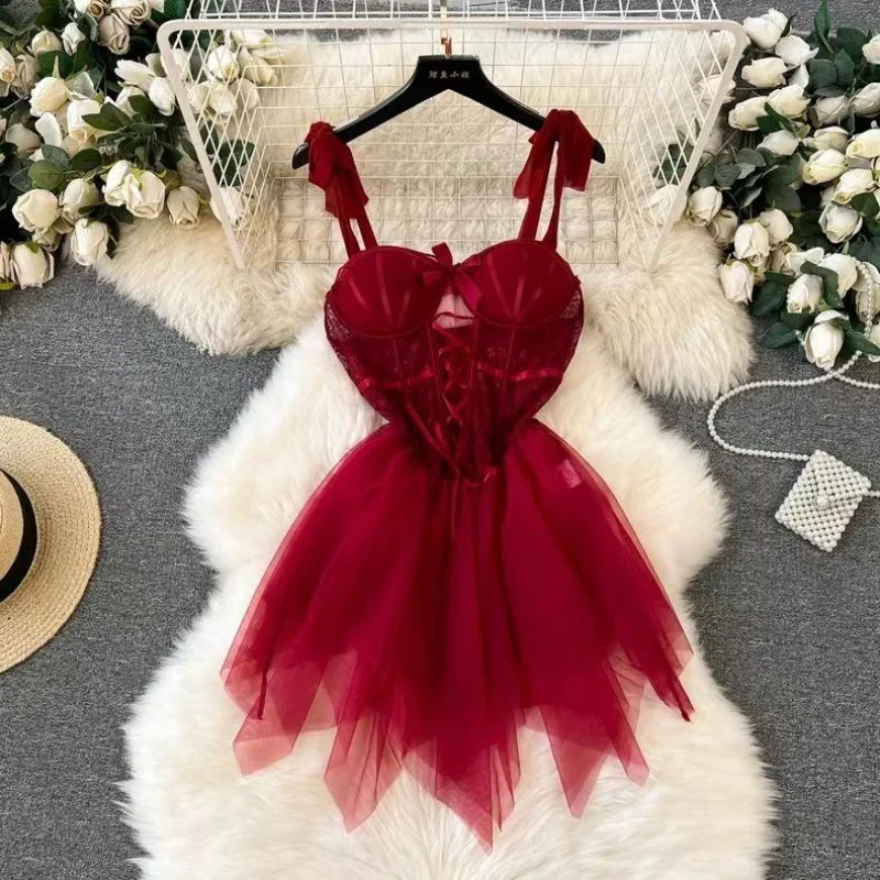 Red Lingerie Sexy Sleepwear Senior Sheer Lace Sensual Nightwear Women Strap Transparent Backless Mini Dressmesh Nightgown