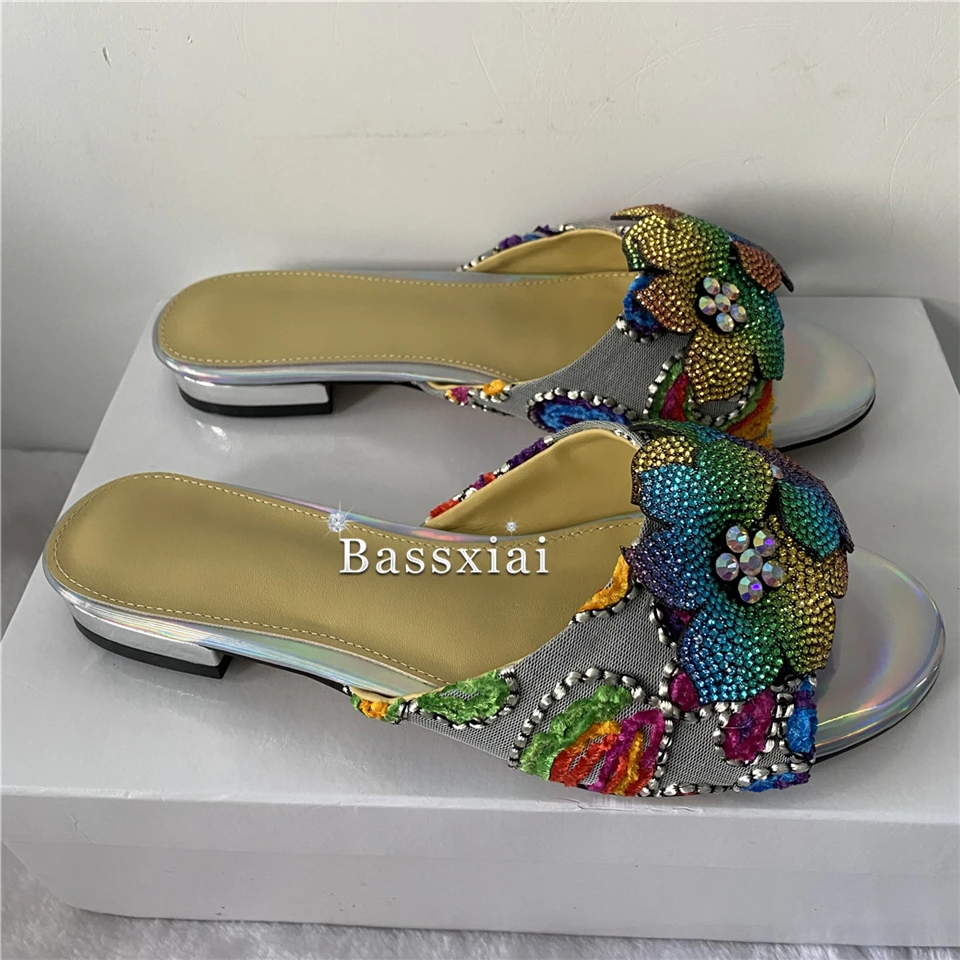 Embroidery Air Mesh Flat Heel Slippers Women Colorful Diamond Rhinestone Flower Decor Slim Summer Mules For Girls