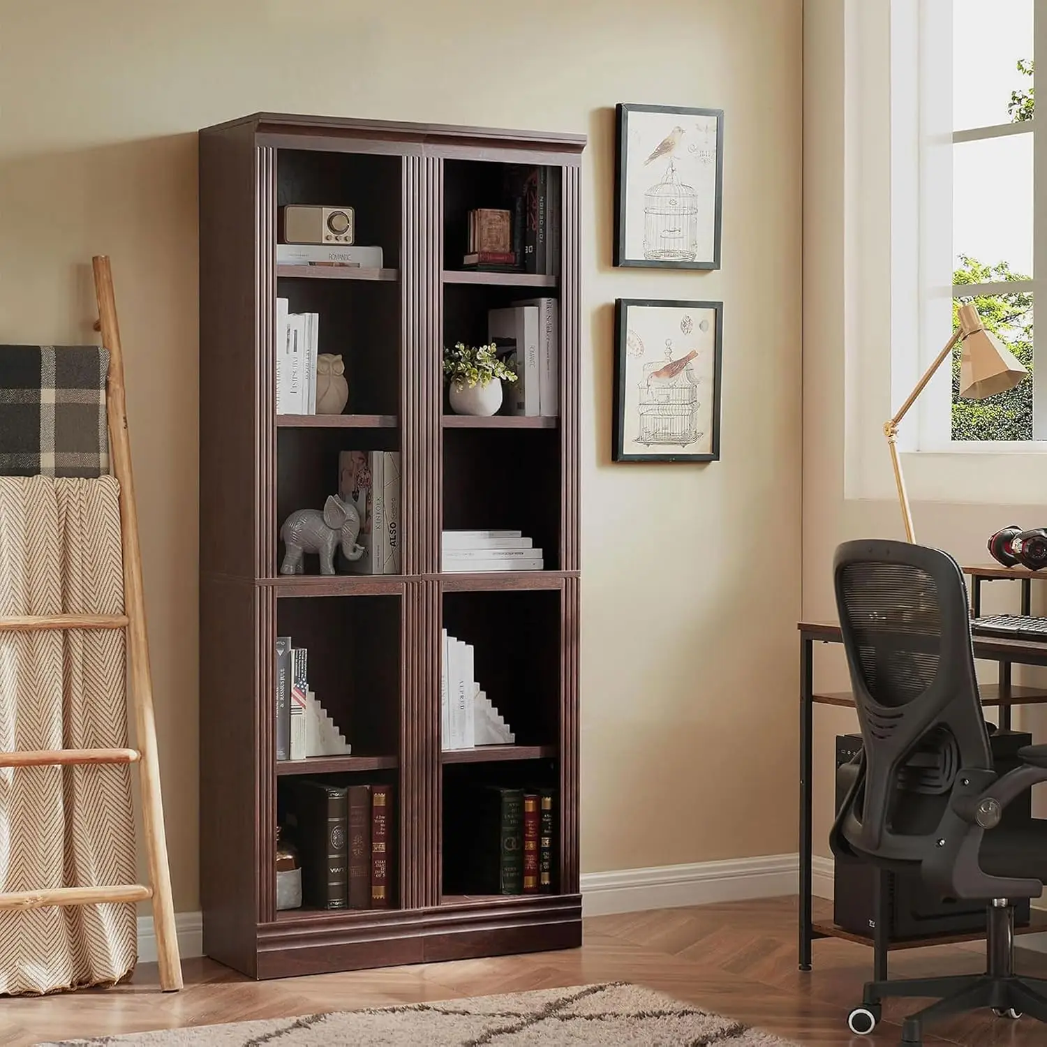 5-Tier Slim Bookshelf Cherry Wood Storage Shelf Home Office Bedroom Living Room 15.75x14x72.5 Inches, Customized
