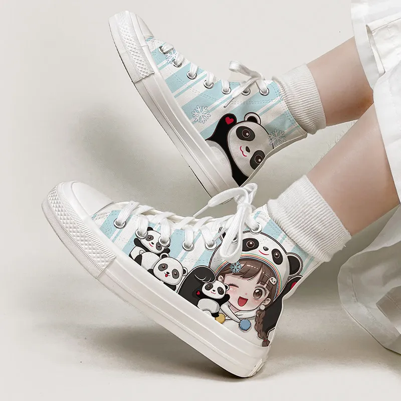 

Cute Panda Print High Top Canvas Shoes For Women Lined Casual Sneakers Soft Sole Student Shoes With Cartoon Girl Design