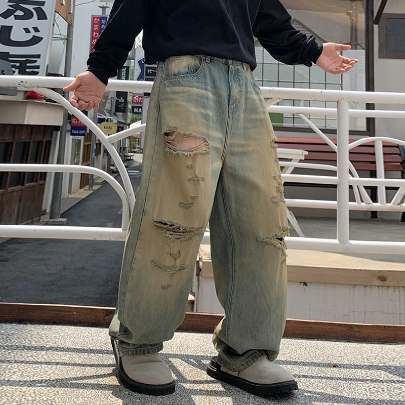 

Make old, apply, wipe dirt, tear holes, jeans, men's trendy brand street men's clothing, loose straight leg retro wide leg pants