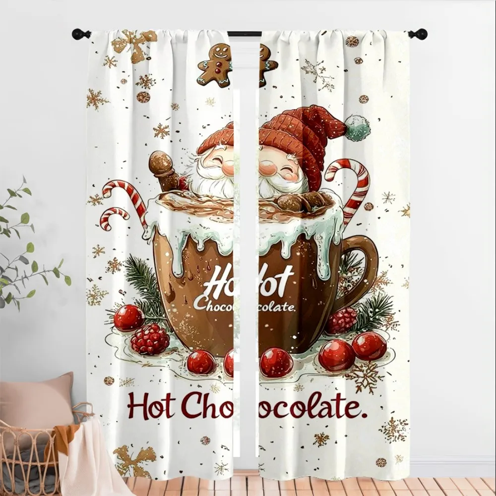 2PCS Digital Print Curtains, Santa Claus Hot Chocolate Christmas Pattern, Cozy Festive Style for Xmas Holiday Home Decor