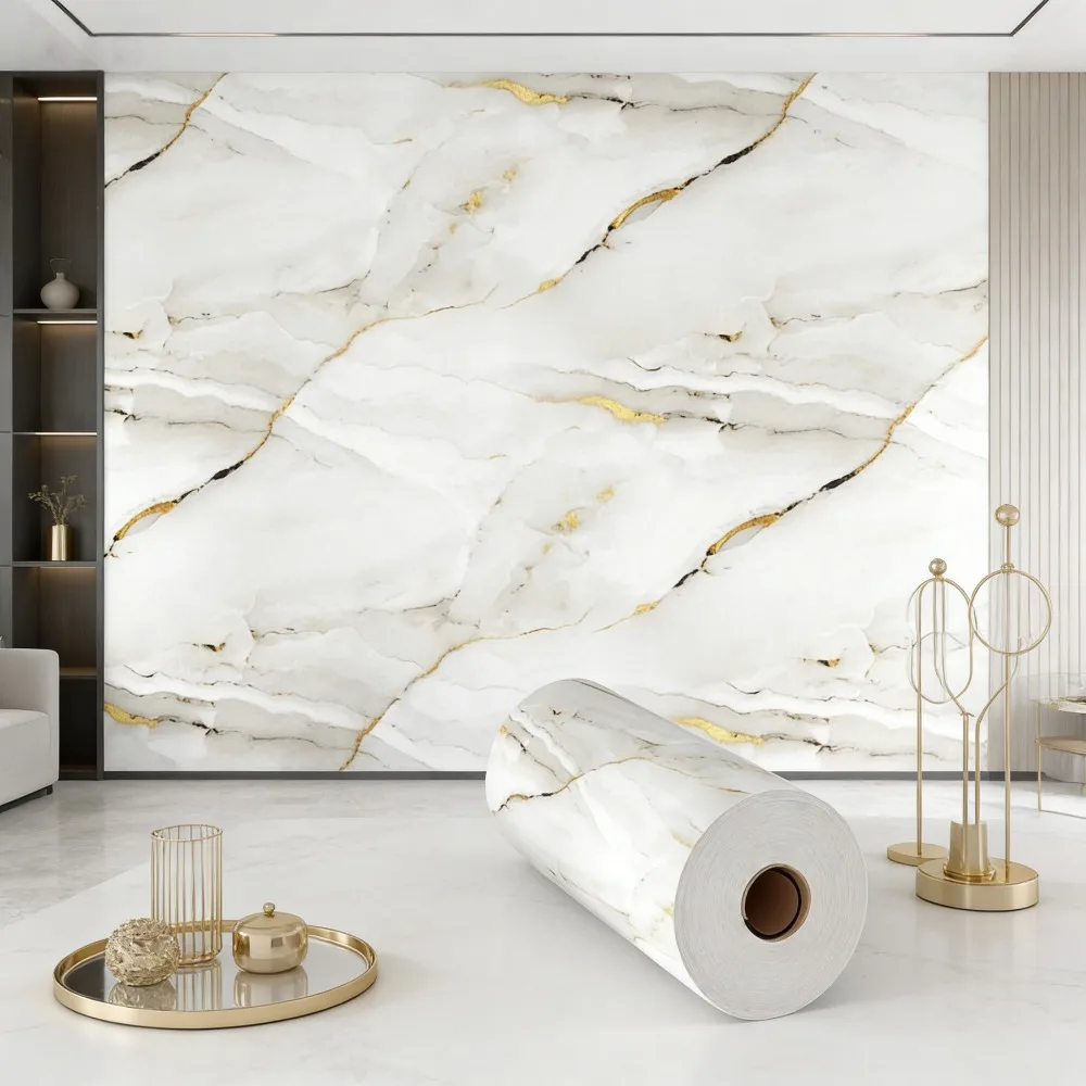 Natural Marble Wallpaper With Golden Gilded Lines Self-Adhesive Contact Paper Waterproof Vinyl Sticker for Wall Cabinet Desktop