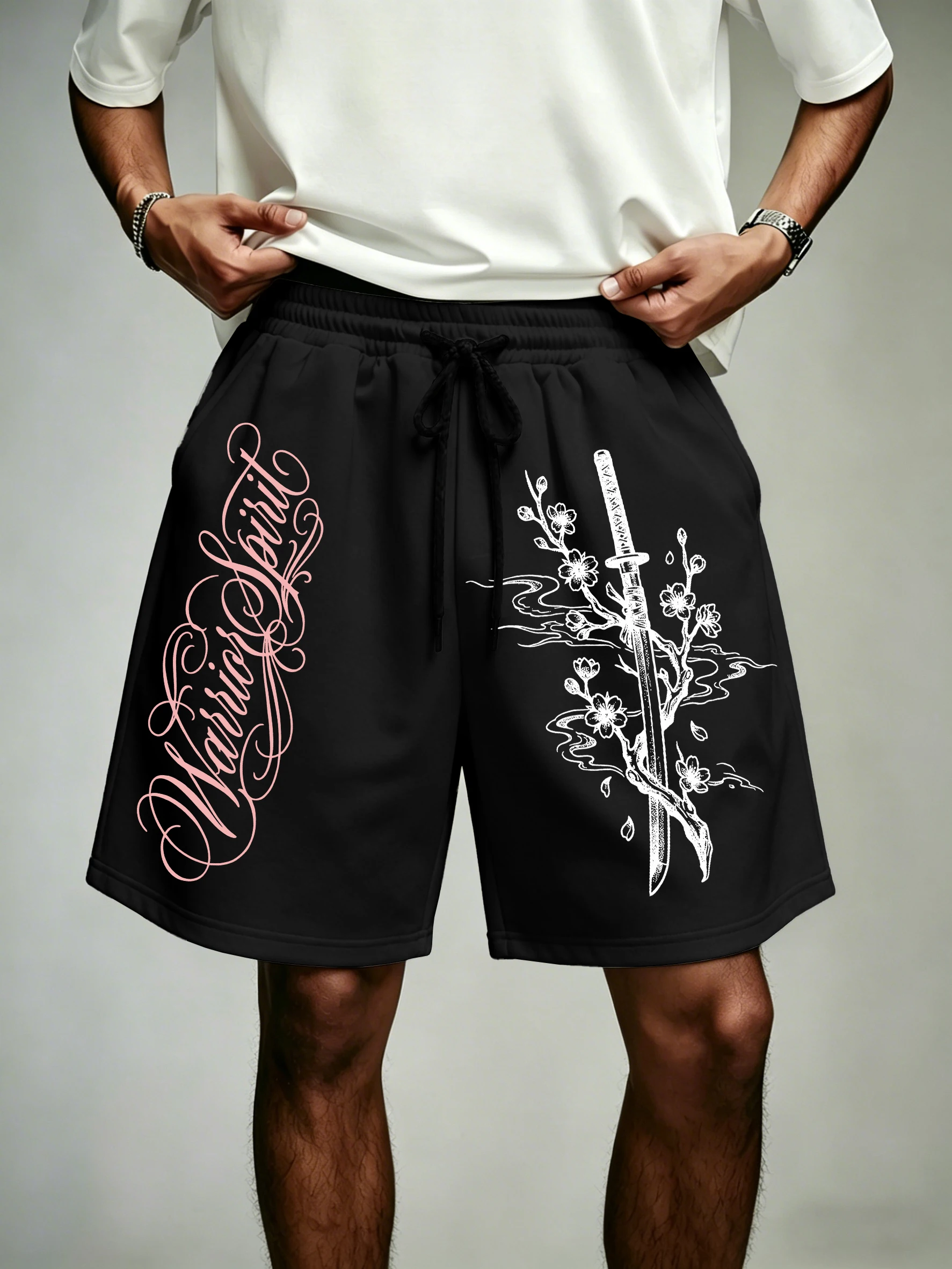

Mens Oversized Japanese Streetwear Shorts Brand Warrior Katana Sakura Print Polyester Black Multicolor Shorts S-2XL All Size 1Pc