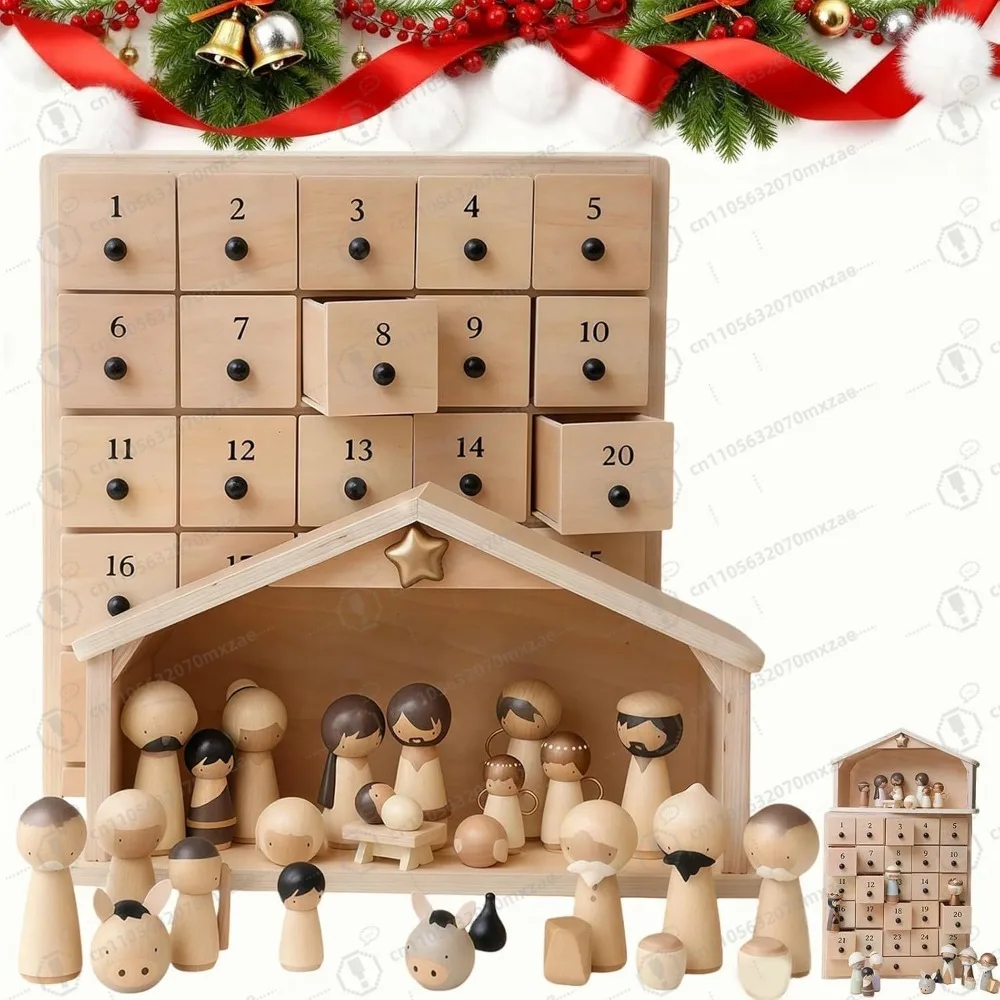 

The Rescuer–Nativity Advent Calendar | 25-Drawer Wooden Chest,30-Piece Keepsake Figurine Set for Family, Heirloom Religious Gift