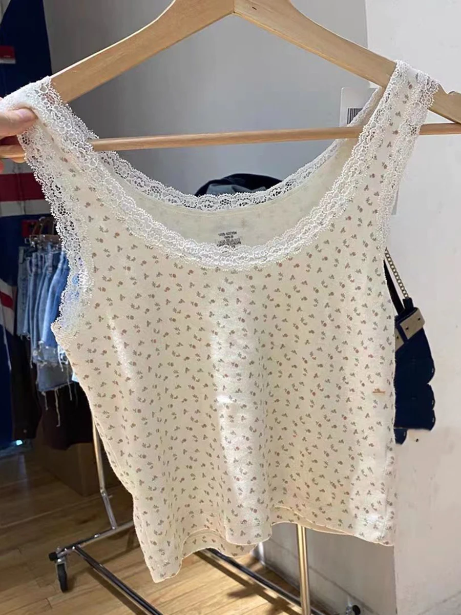 

Pink Floral Print Tank Tops Women Summer Sleeveless Lace Trim Slim Sexy Tee Vintage Streetwear Sweet Cute Y2k Cotton Crop Top