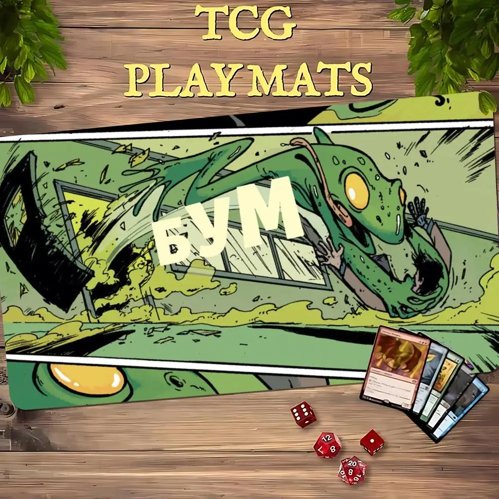 Comic Giant Green Mutant Frog TCG Playmat 35X60CM Magic Card Battle Mat Non‑Slip Durable Stitched Edge Tabletop Playmat