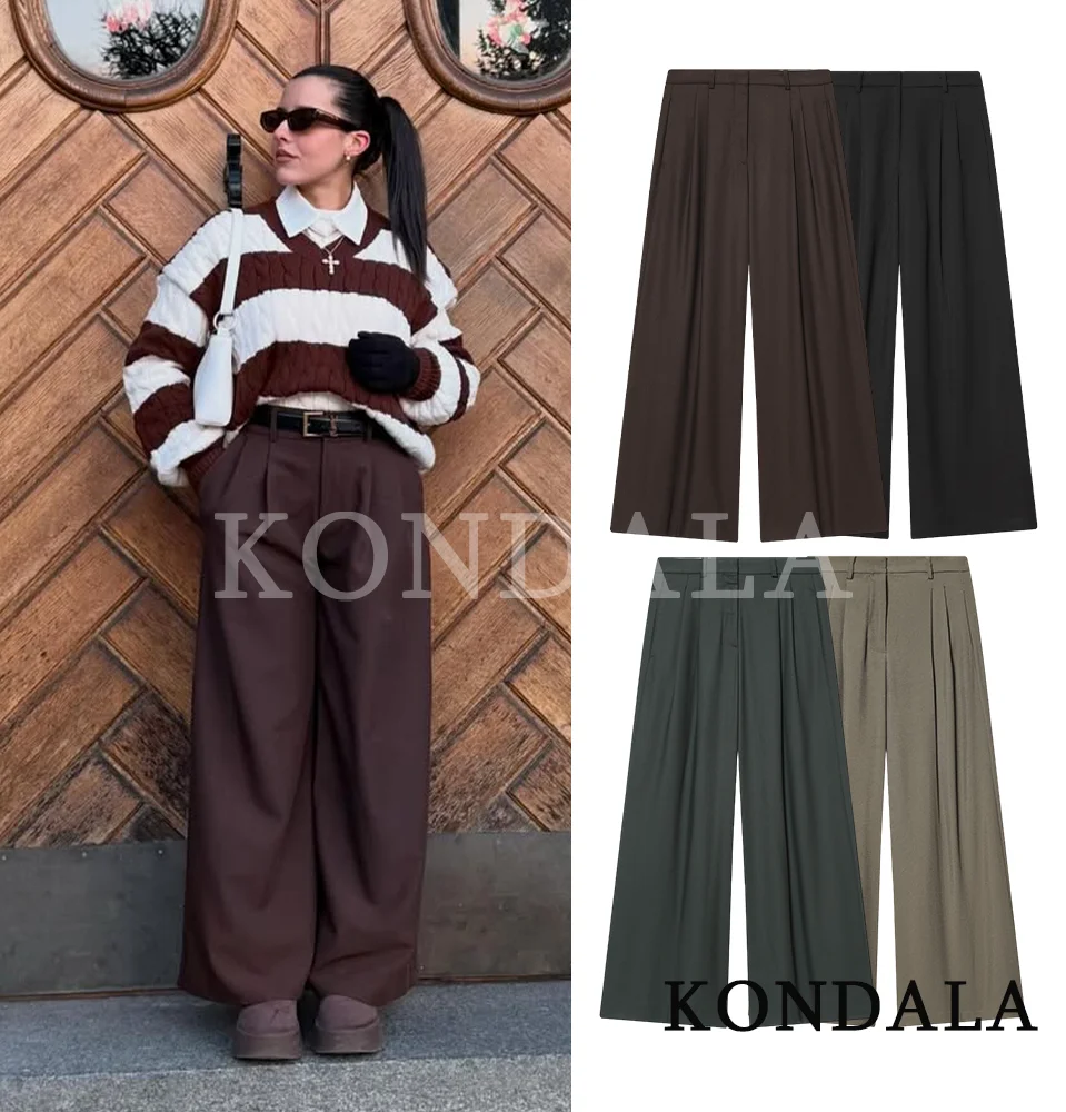 KONDALA Trendige Pendler-Hose mit Weitem Bein für Damen Elegante Vintage Plissierte Hose 2026 Frühling Mode Lässige Büro-Damen Lange Hose