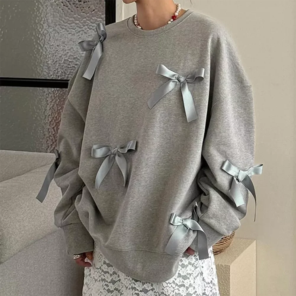 Autumn and winter new trend chic three-dimensional decorative bow solid  niche versatile temperament fleece thickened sweater