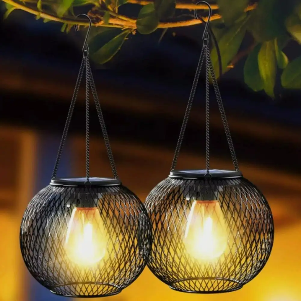 Solar Lantern Outdoor Metal Mesh Shell Solar Powered Hanging Lantern with Hook And Base Garden Patio Porch Decor