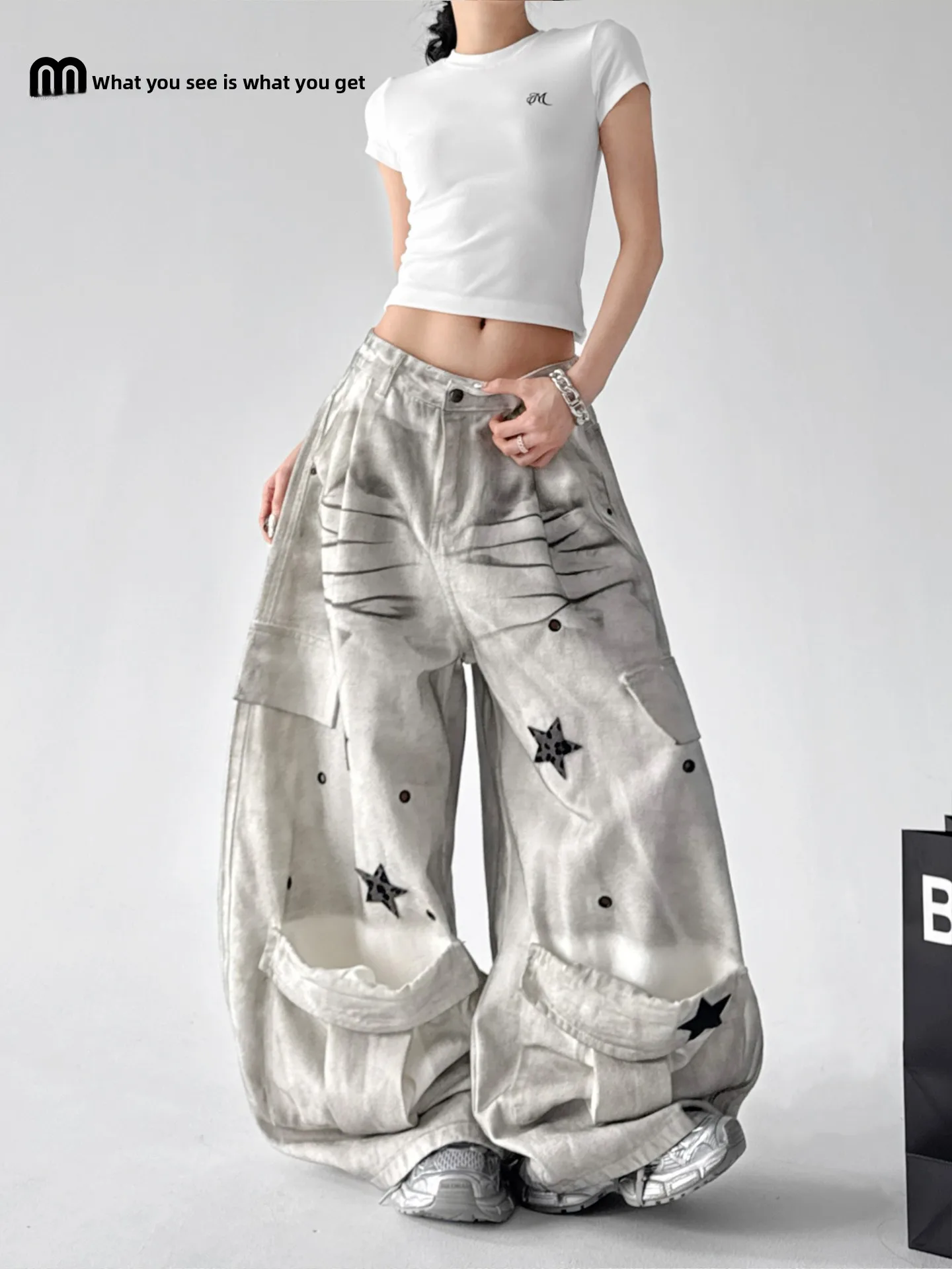 

Stars Print Loose Fit Wide Leg Jeans Women's Fashion Spring Autumn New Design Slimming Denim Pants Low Waist Button Closure