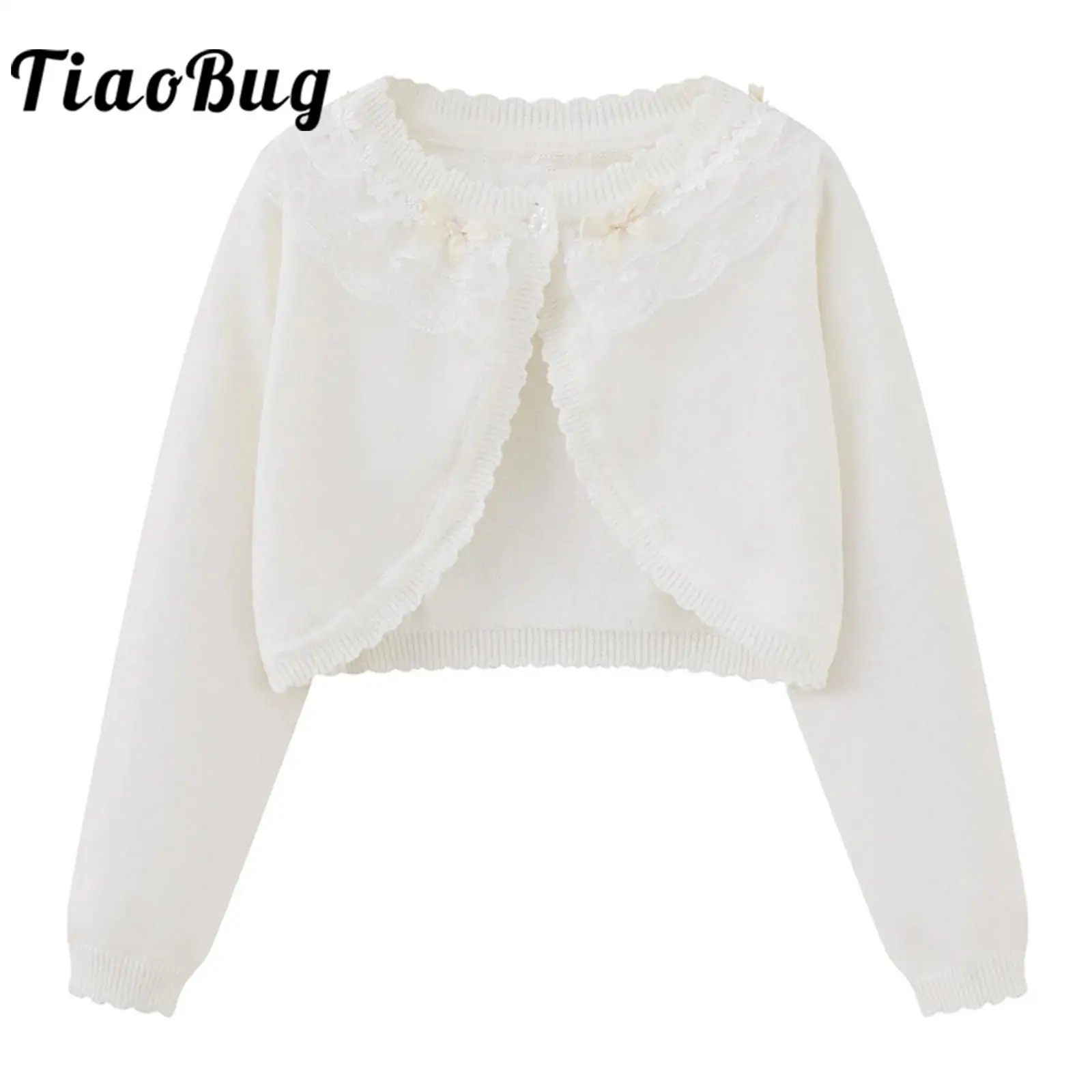 Kids Girls Knitted Sweater Flower Girl Jacket Long Sleeve Tiered Floral Lace Bowknot Bolero Cardigan Shrug Cropped Sweaters Tops