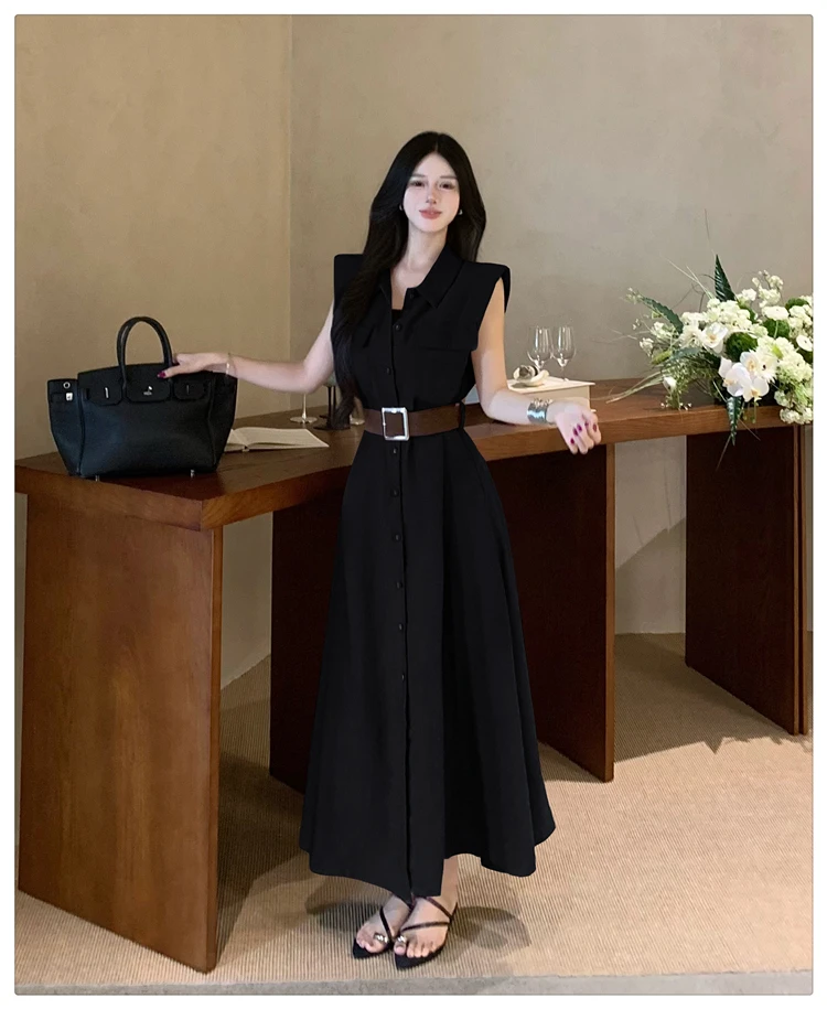2025 Korean Style Turn-down Collar Single-breasted Sleeveless Long Purple Shirt Dress with Belt Women Elegant Fashion Summer New