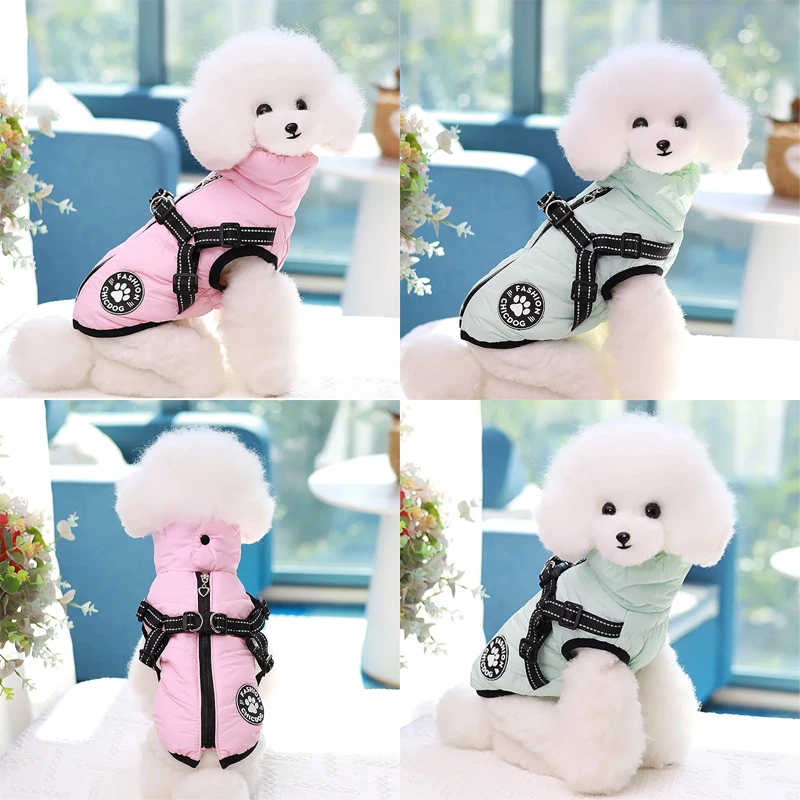 Winter Pet Jacket with Harness Attached Puppy Coat Waterproof  Small Dog Cat Clothes Chihuahua Collar Pug Poodle Costumes Outfit