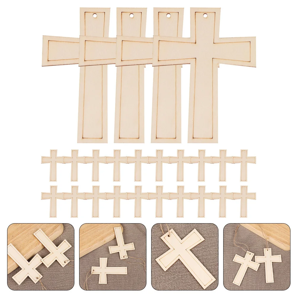 24pcs Wooden Slices Cross Design Diy Graffiti Chips Kids Hand-Painted Craft Unfinished Wood Pieces For Wall Hanging Party