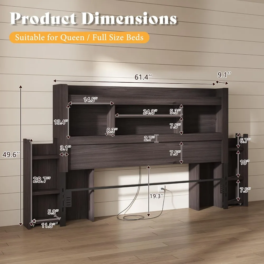 Wood Headboard Only Queen Full Size with Storage Black Oak Bedroom Headboard