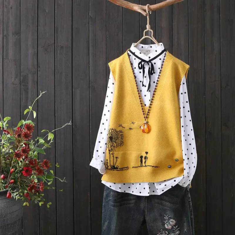 Fashion Embroidery V-neck Knitted Sweater Vest Female Literary Fan Loose Sleeveless Cartoon Pattern Sweater Vest Women Spring